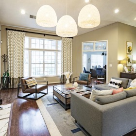 a living room with a fireplace