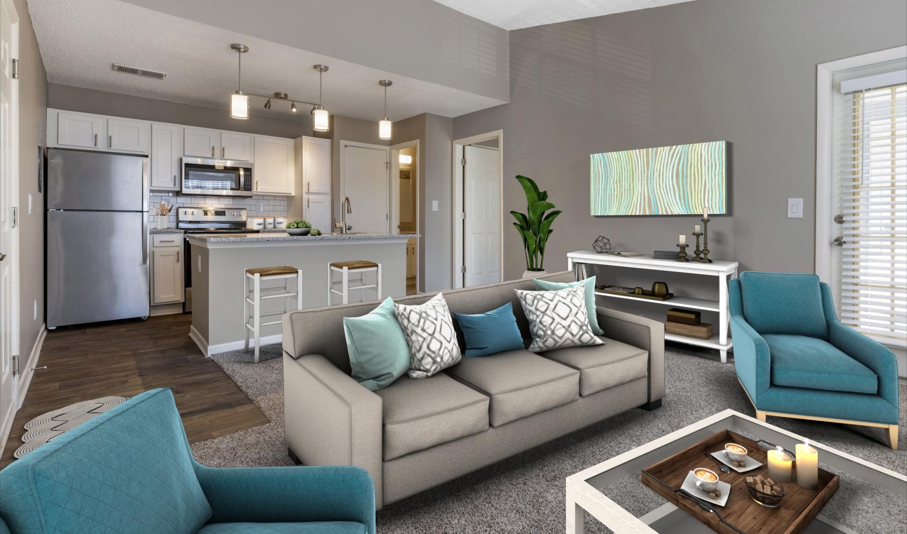 a living room with a couch and a table