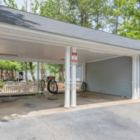 a garage with a bike rack